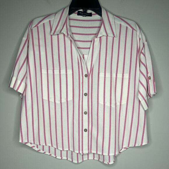 Velvet Hearts Linen Camp Shirt Womens L Stripe Short Sleeve Button Up Preppy - Picture 1 of 10